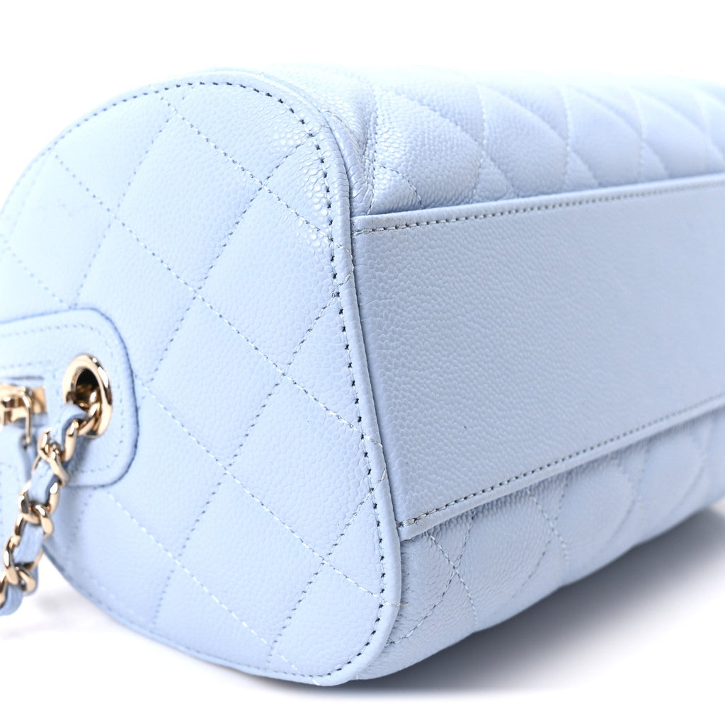 Caviar Quilted Barrel Clutch With Chain Light Blue