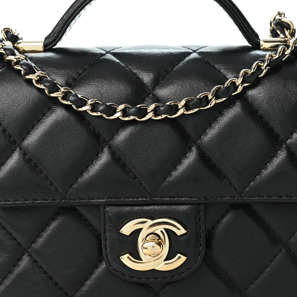 Lambskin Quilted Mini Top Handle Square Flap Black