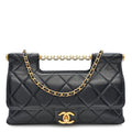 Shiny Lambskin Pearl Top Handle Flap Shopping Bag Black