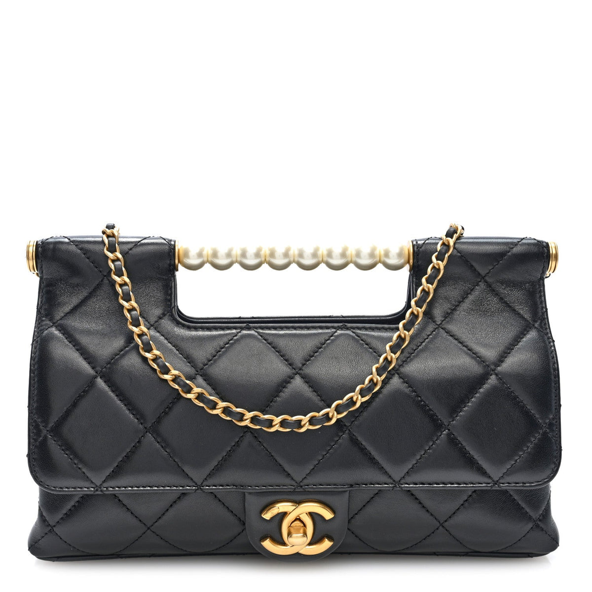 Shiny Lambskin Pearl Top Handle Flap Shopping Bag Black