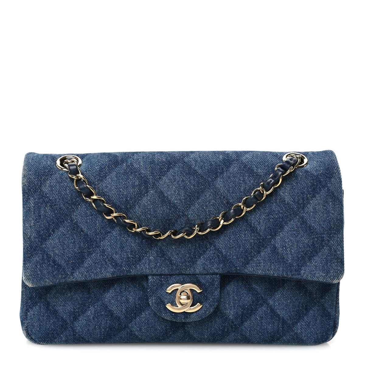 Printed Denim Quilted Medium Double Flap Dark Blue