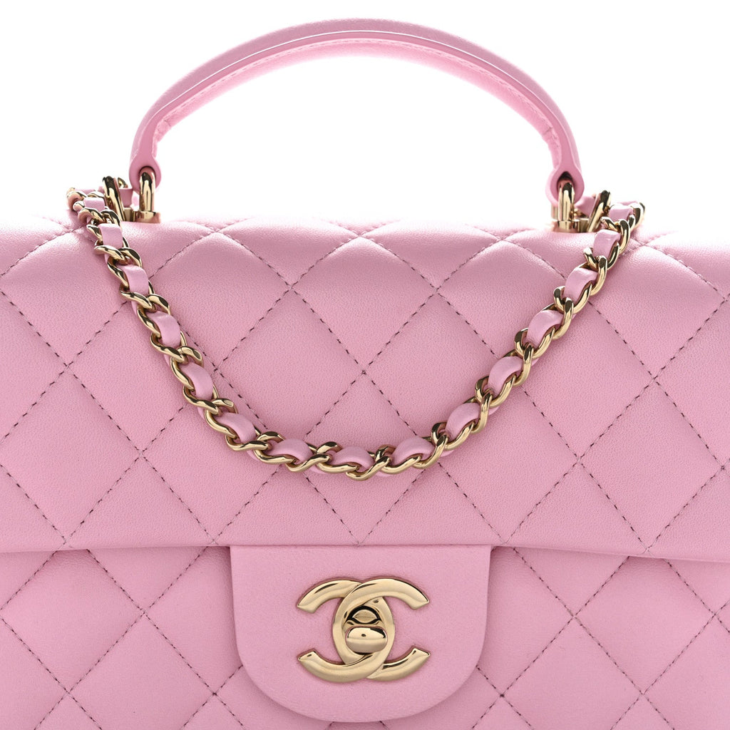 Lambskin Quilted Mini Top Handle Rectangular Flap Pink