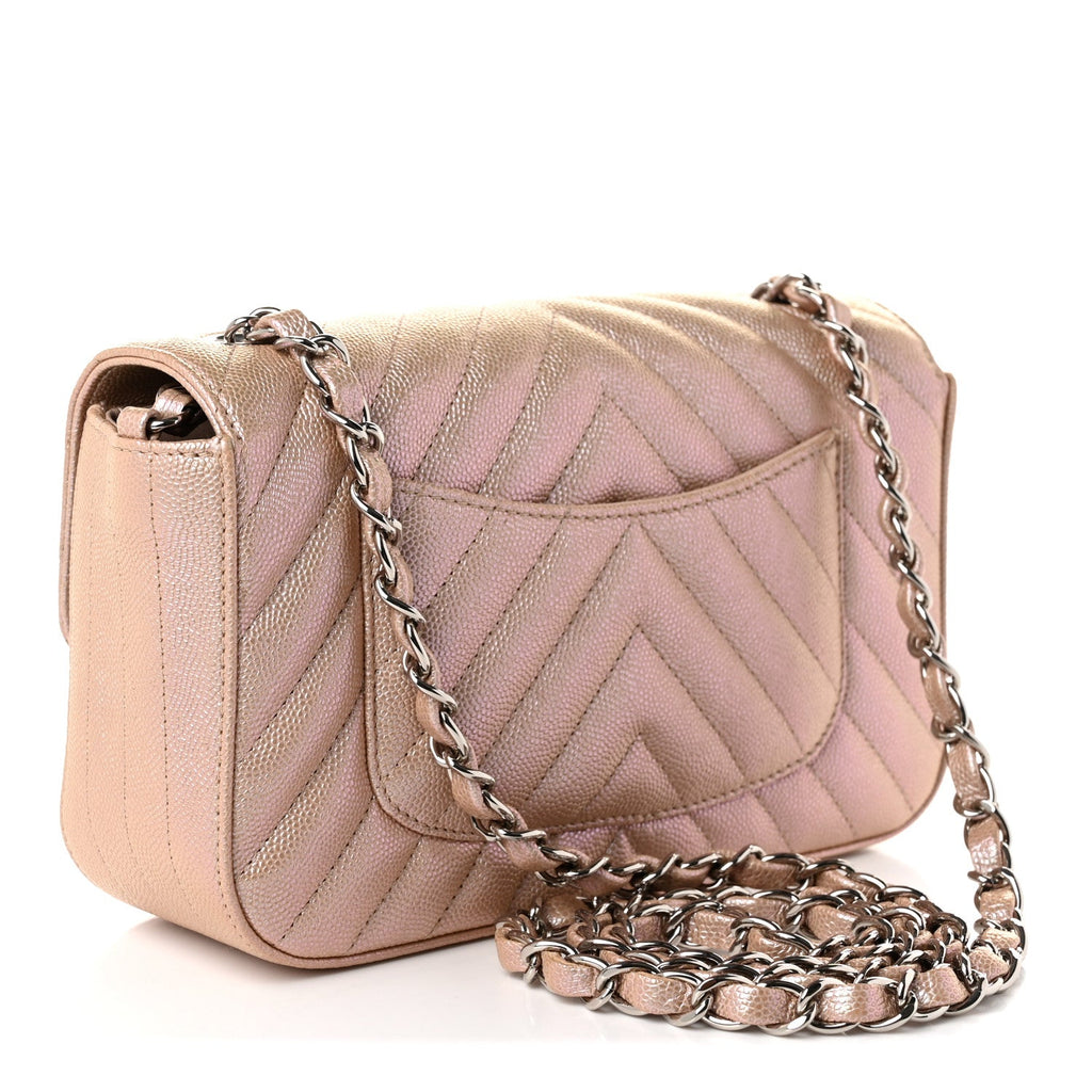 Iridescent Caviar Chevron Quilted Mini Rectangular Flap Light Gold
