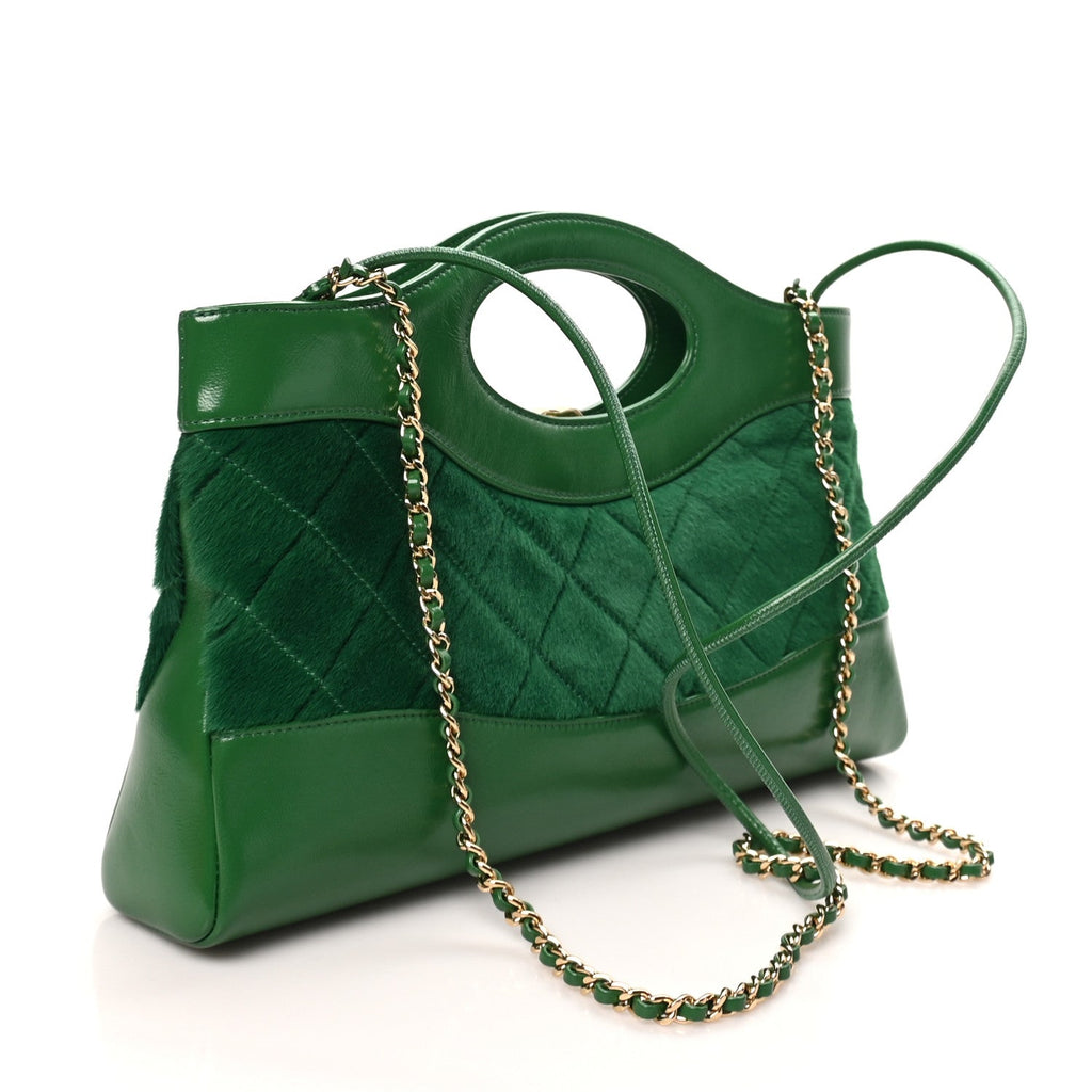 Shiny Lambskin Pony Hair East West 31 Shopping Bag  Green