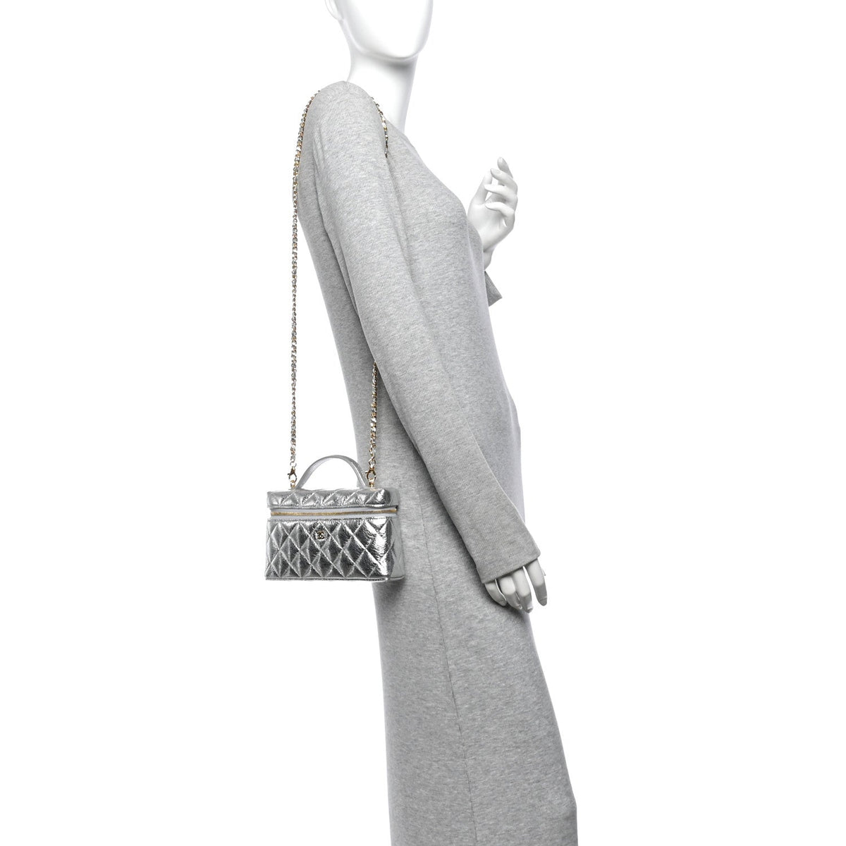 Metallic Calfskin Quilted Top Handle Slim Vanity With Chain Silver