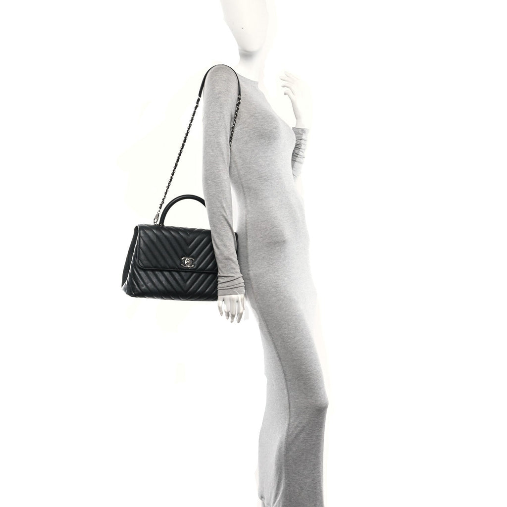 Caviar Chevron Quilted Medium Coco Handle Flap Black