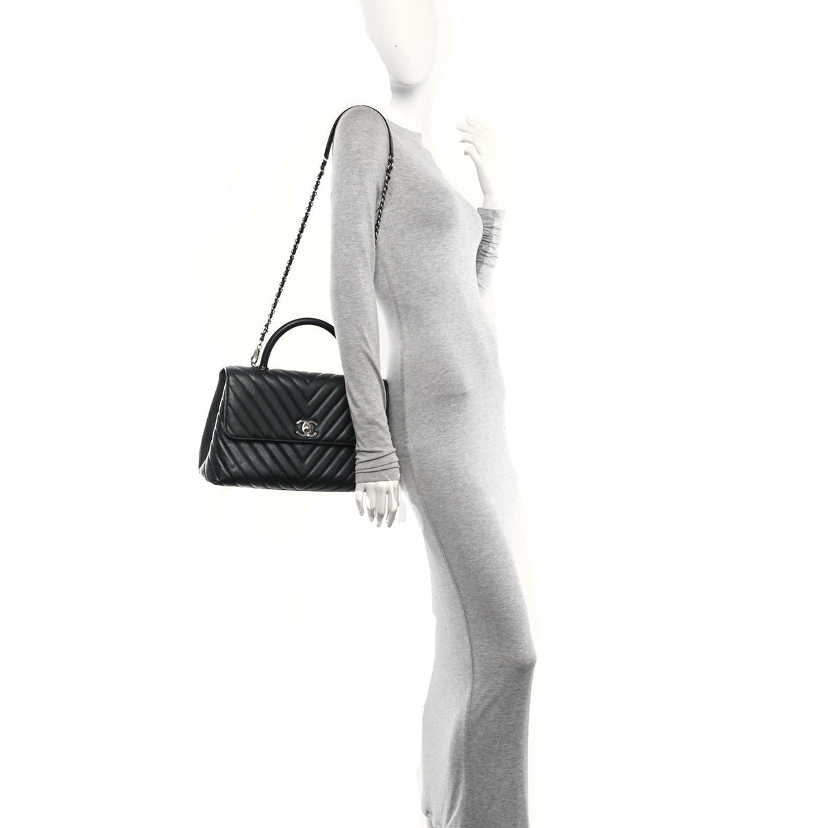 Caviar Chevron Quilted Medium Coco Handle Flap Black