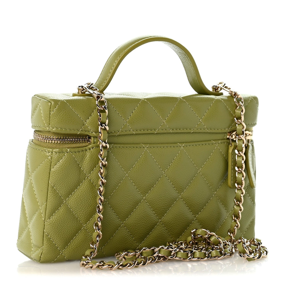 Caviar Quilted Top Handle Slim Vanity With Chain Khaki