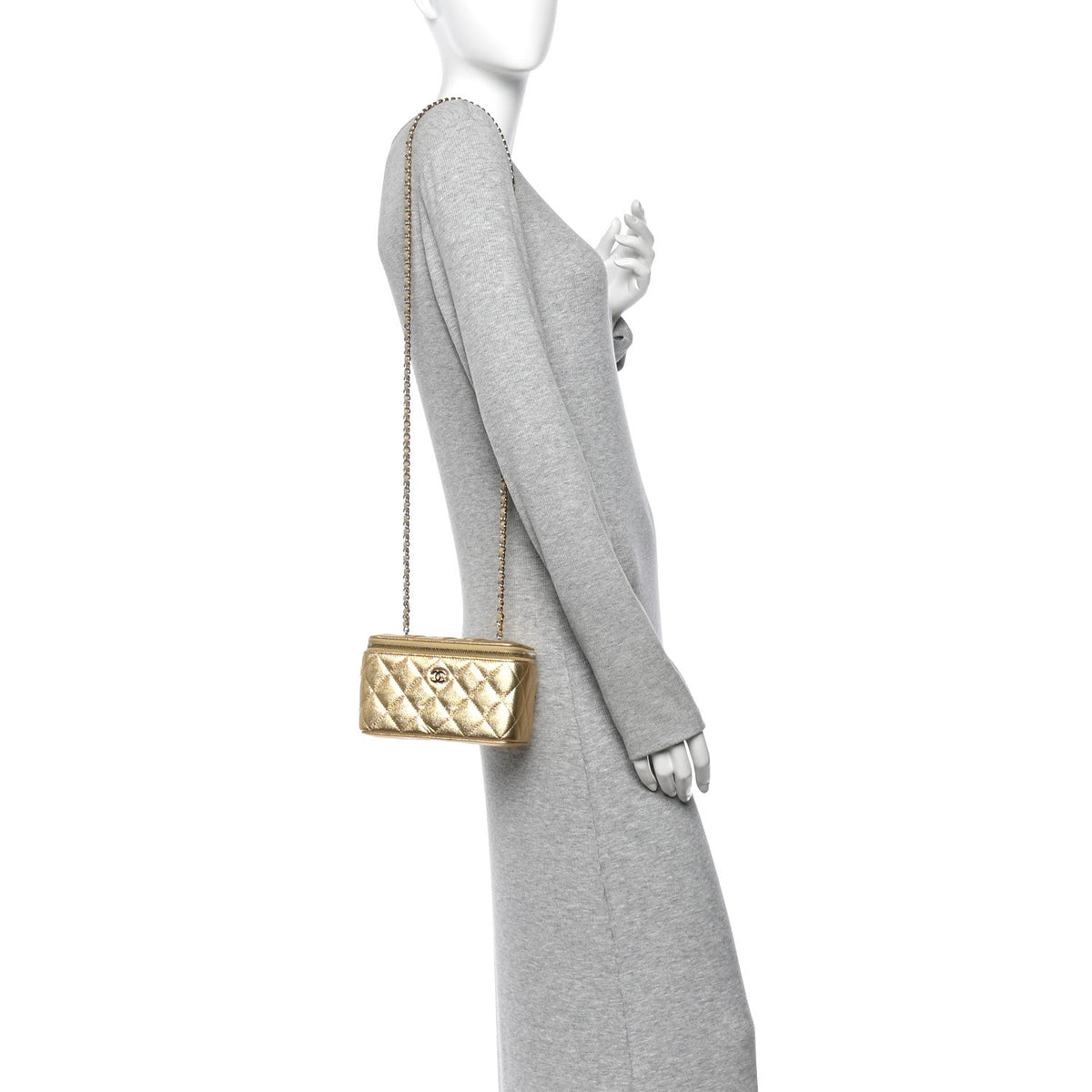 Metallic Caviar Quilted Small Vanity Case With Chain Gold