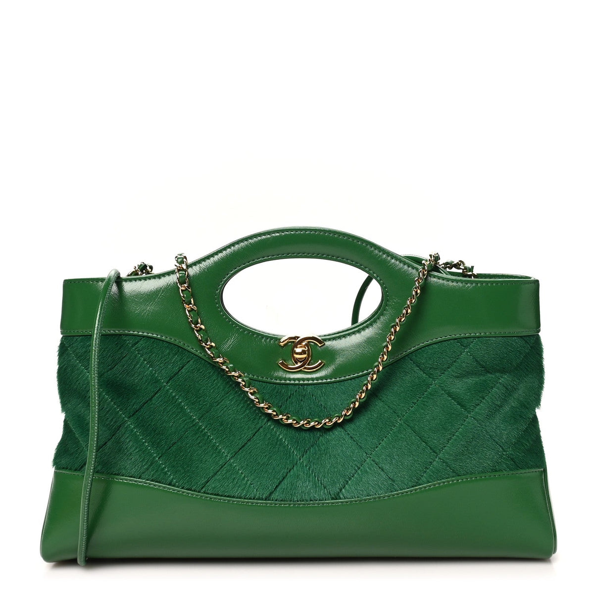 Shiny Lambskin Pony Hair East West 31 Shopping Bag  Green