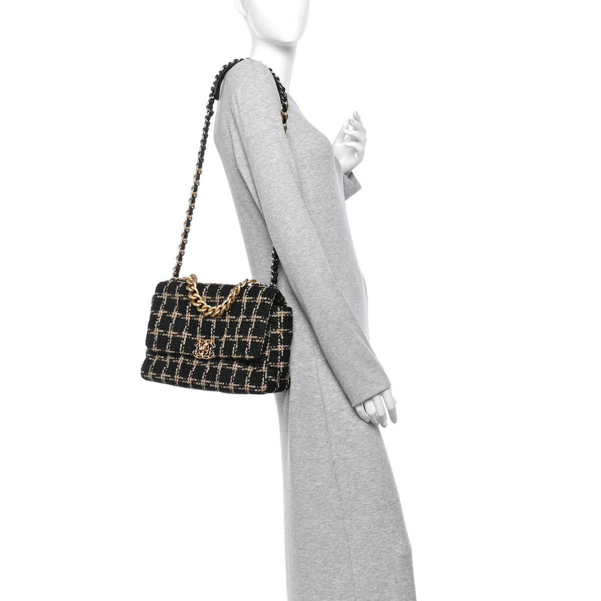 Tweed Quilted Medium Chanel 19 Flap Black Beige