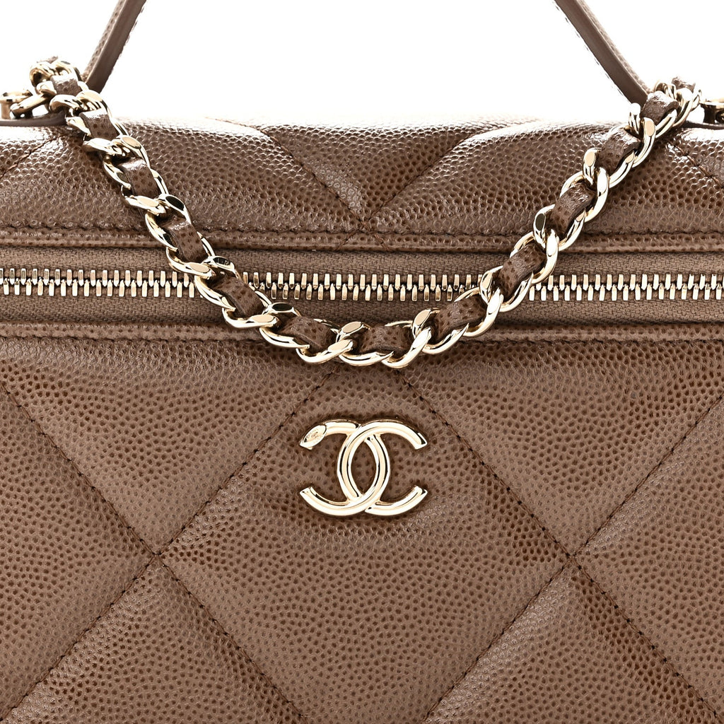 Caviar Quilted Top Handle Slim Vanity With Chain  Light Brown