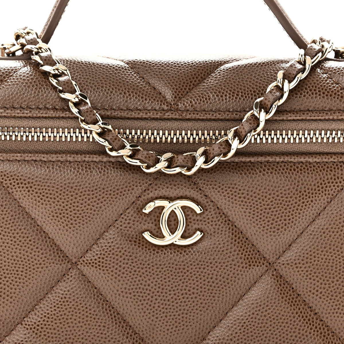 Caviar Quilted Top Handle Slim Vanity With Chain  Light Brown