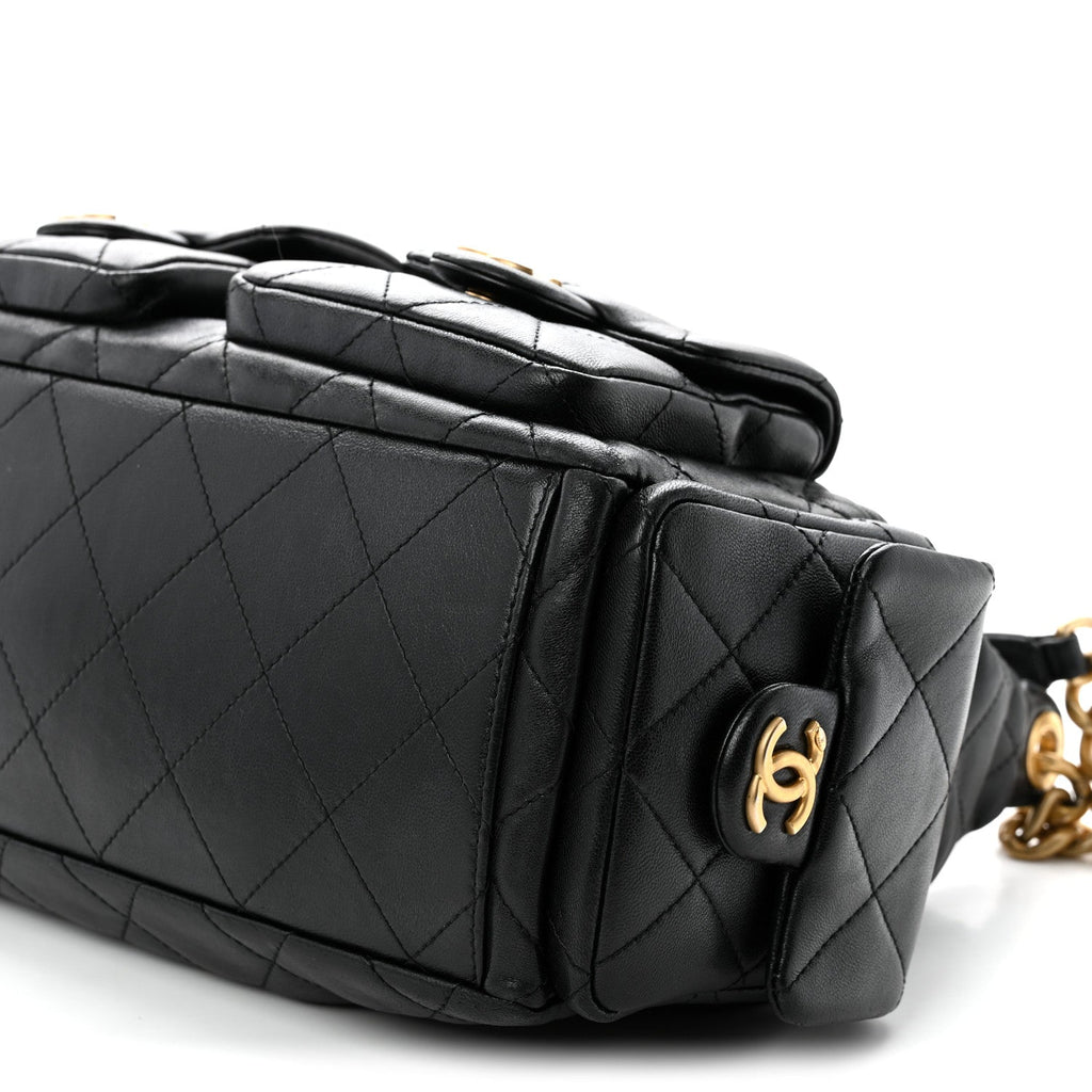 Shiny Lambskin Quilted Large Trendy Pockets Hobo Black