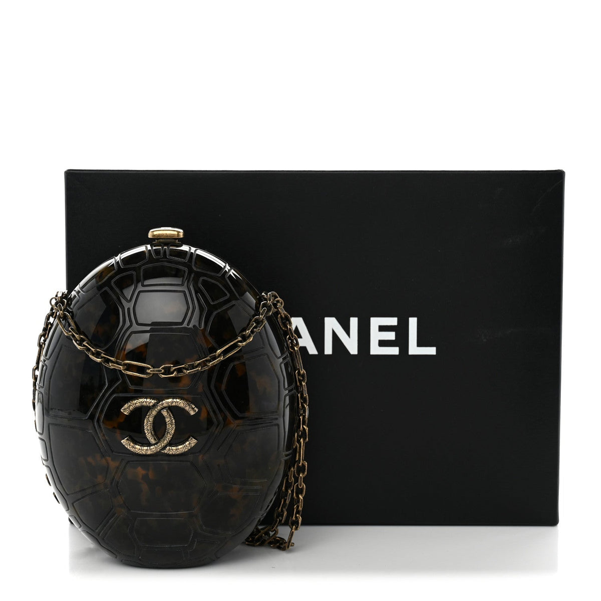 Plexiglass Shell CC Round Minaudiere Clutch Brown