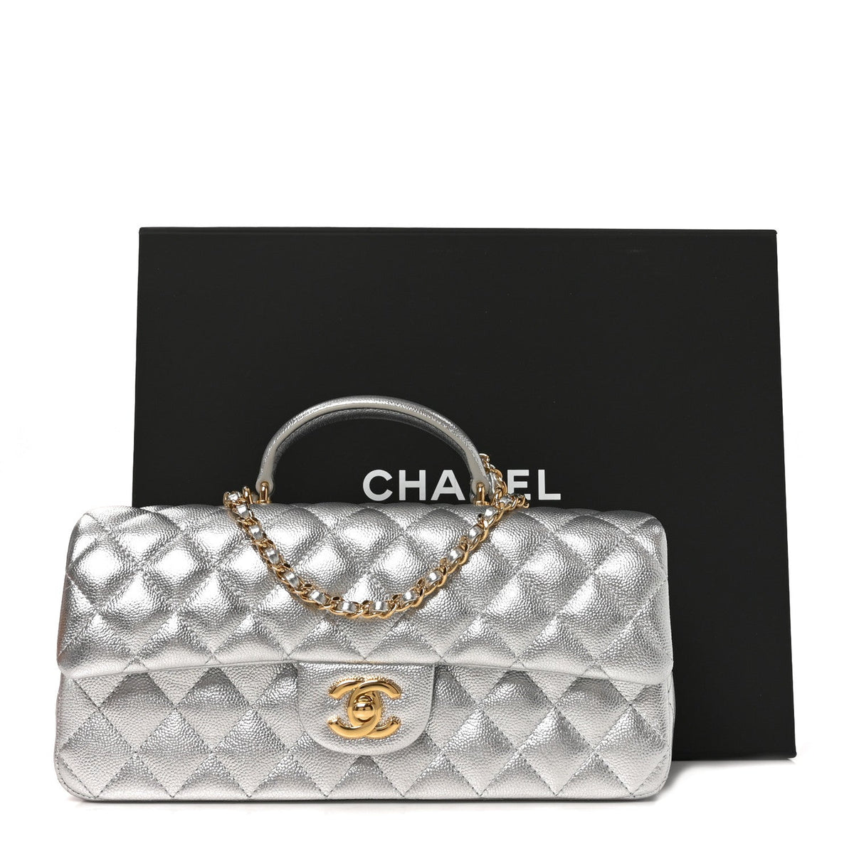 Metallic Caviar Quilted Top Handle East West Flap Silver