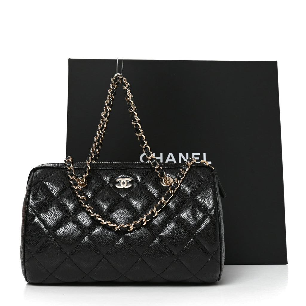 Caviar Quilted Barrel Clutch With Chain  Black