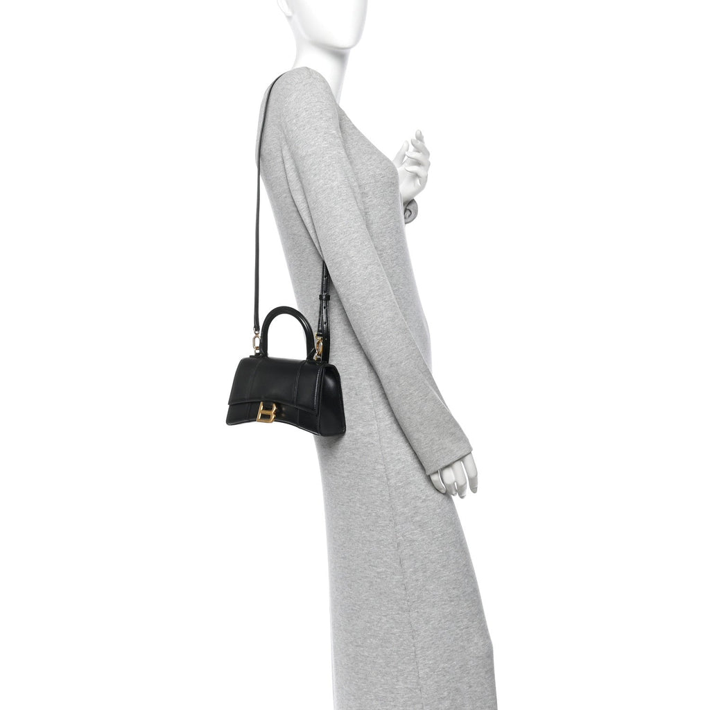 Shiny Box Calfskin Hourglass Top Handle Bag XS Black