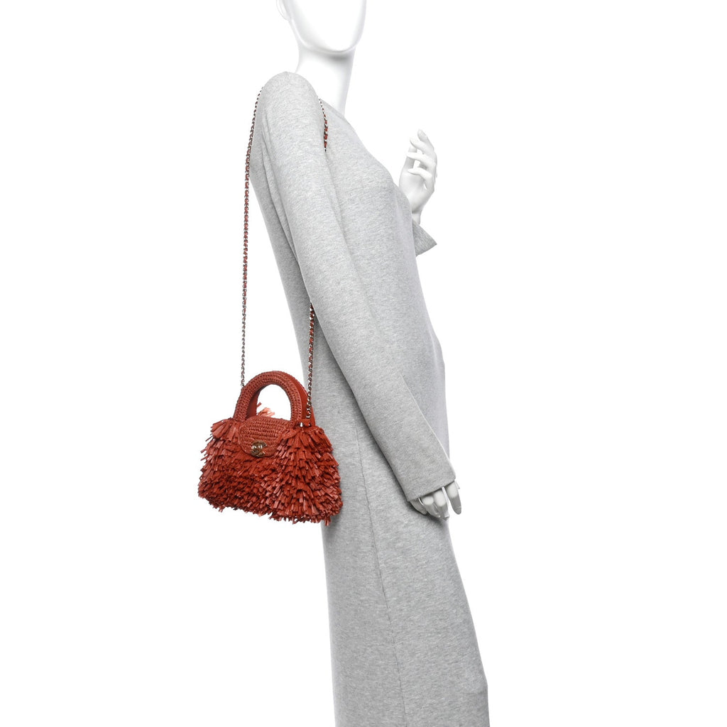 Raffia Fringe Nano Kelly Shopper Red