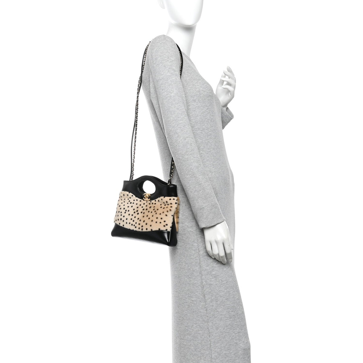 Shiny Lambskin Pony Hair Cheetah Printed Mini 31 Shopping Bag Light Beige Black
