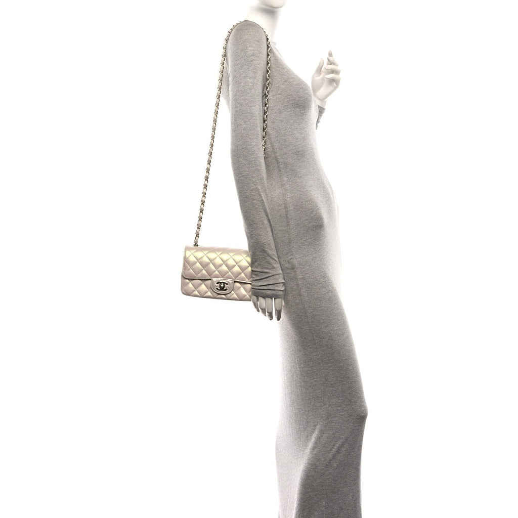 Iridescent Lambskin Quilted Mini Rectangular Flap Ivory