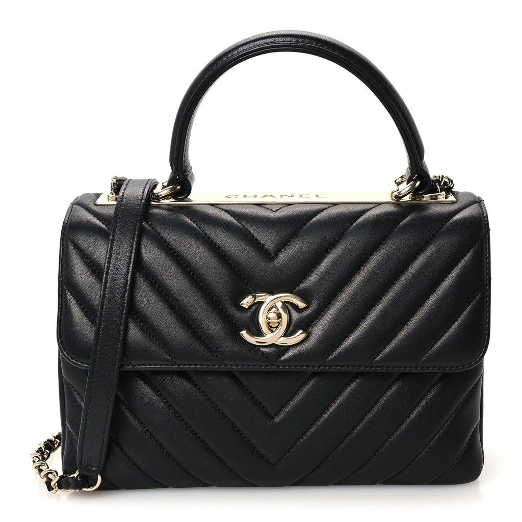 Lambskin Chevron Quilted Small Trendy CC Dual Handle Flap Bag Black