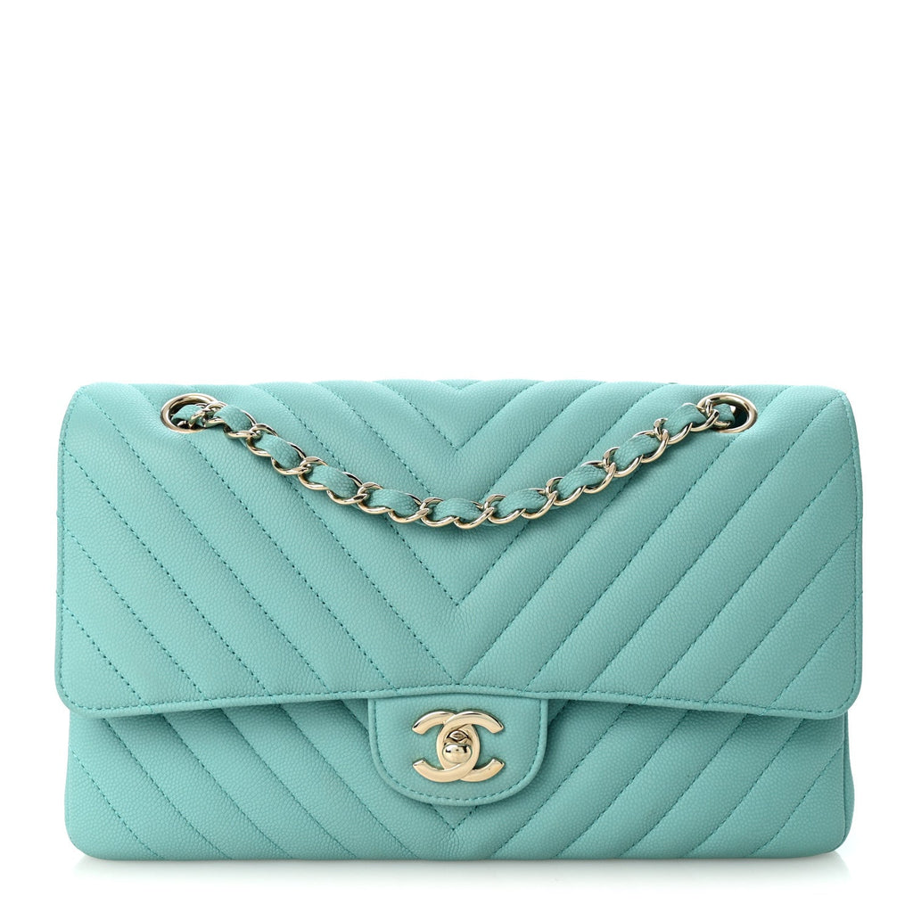 Caviar Flat Chevron Quilted Medium Double Flap Green