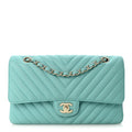 Caviar Flat Chevron Quilted Medium Double Flap Green