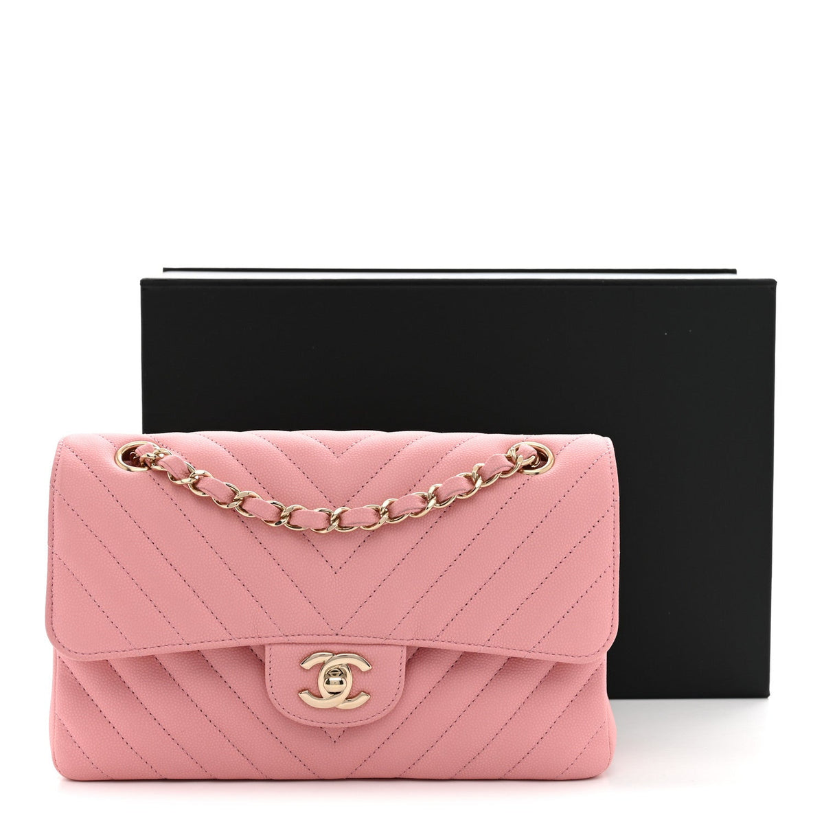 Caviar Chevron Quilted Small Double Flap Pink