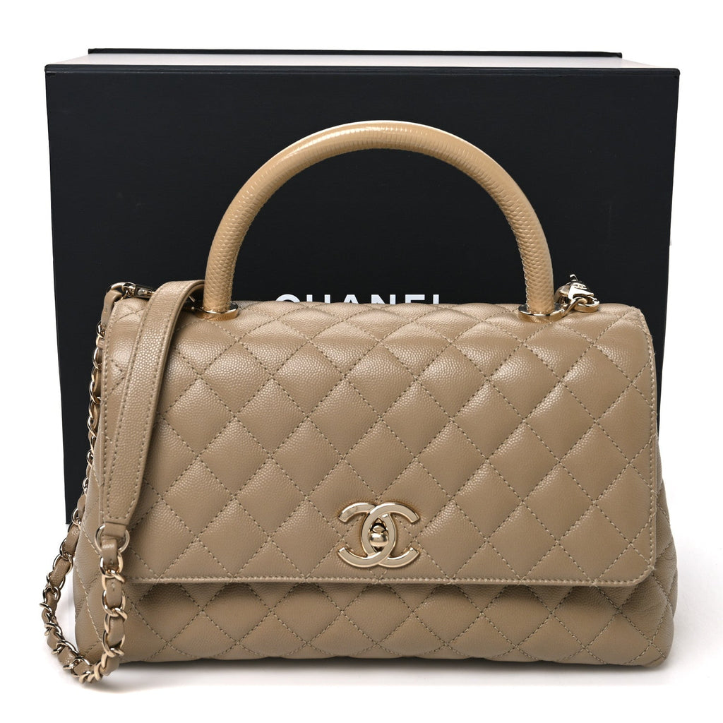 Caviar Lizard Embossed Quilted Small Coco Handle Flap Dark Beige
