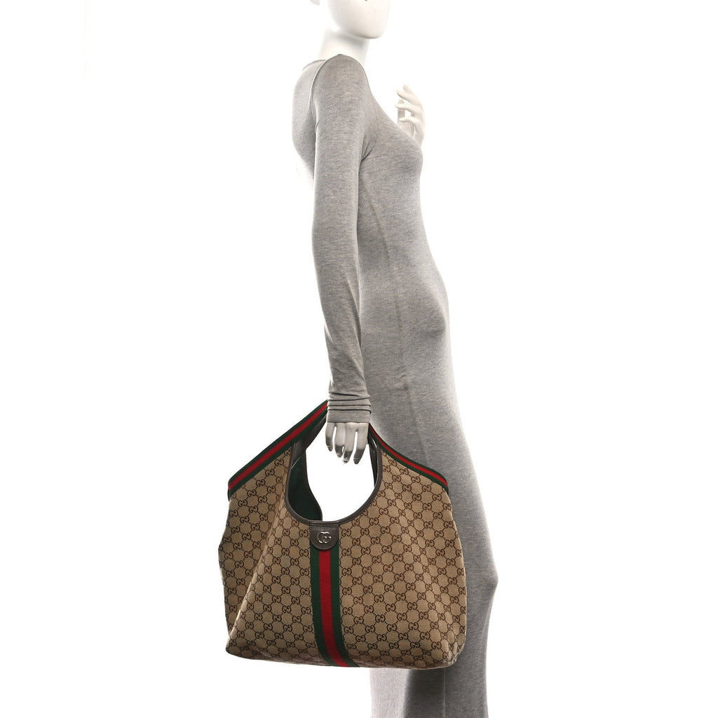 GG Monogram Web Large Giglio Tote Beige Brown