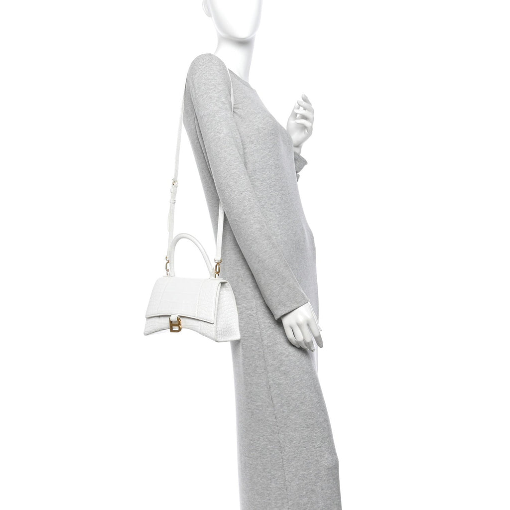 Calfskin Crocodile Embossed Small Hourglass Top Handle Bag White