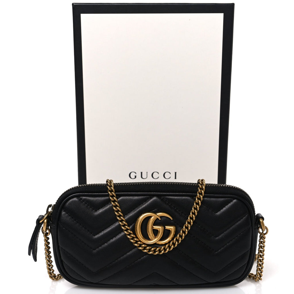 Calfskin Matelasse Mini GG Marmont Chain Crossbody Bag Black