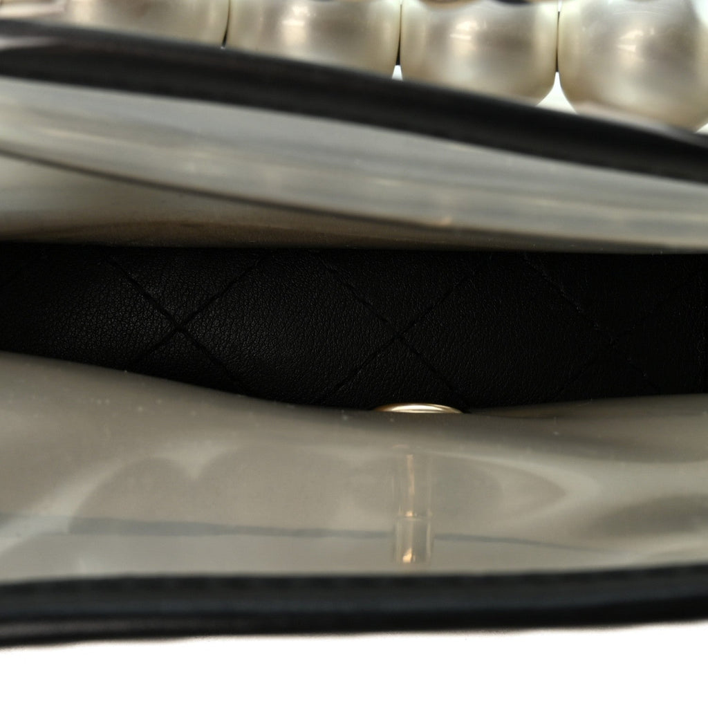 Lambskin PVC Sand By The Sea Flap With Pearl Strap Black