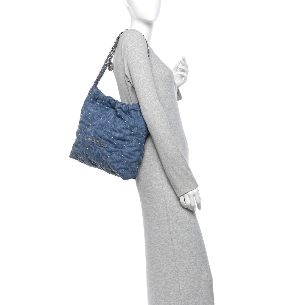 Washed Denim Quilted Studded Small Chanel 22 Blue