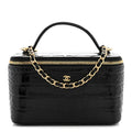 Calfskin Crocodile Embossed Crococo Small Top Handle Vanity Case With Chain Black