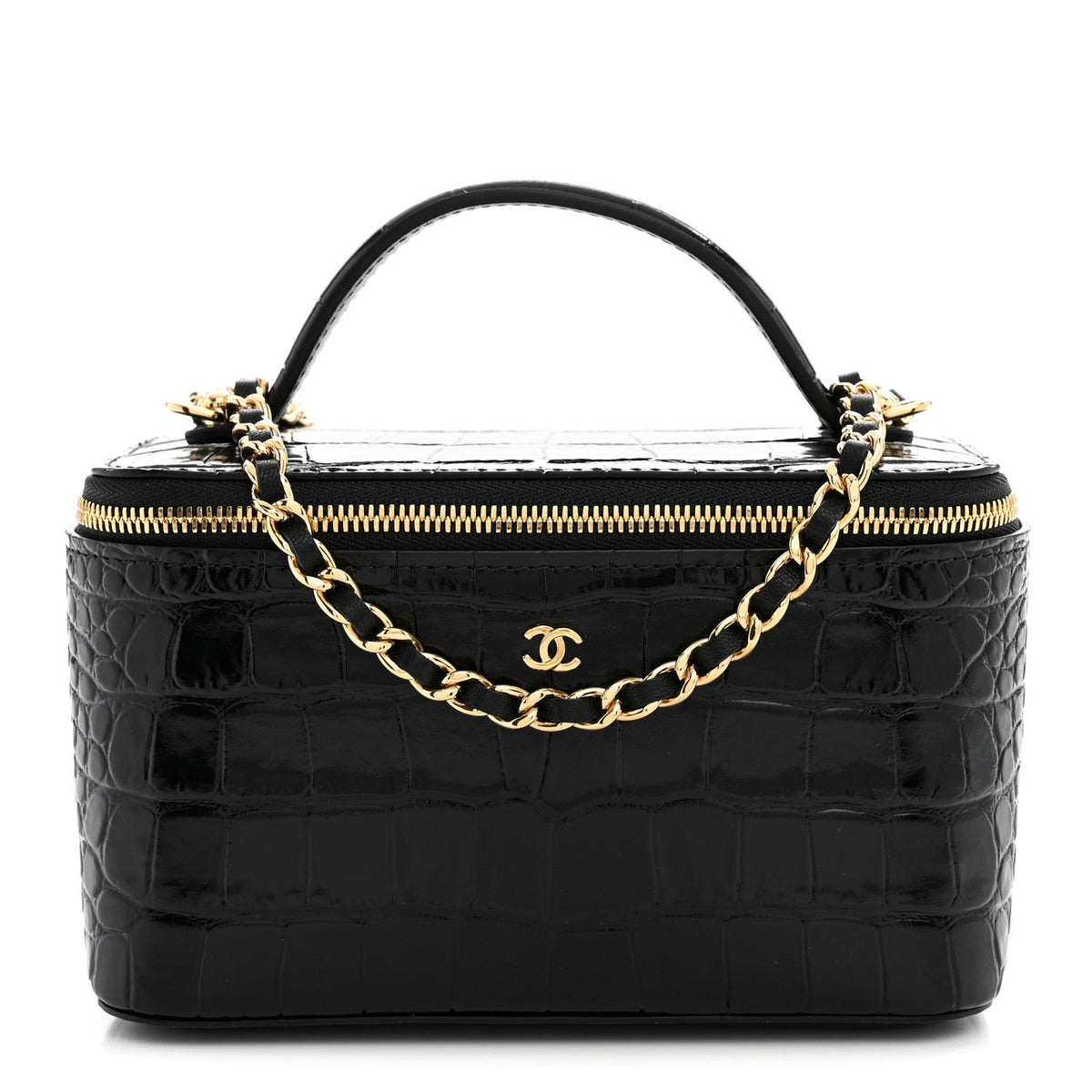 Calfskin Crocodile Embossed Crococo Small Top Handle Vanity Case With Chain Black