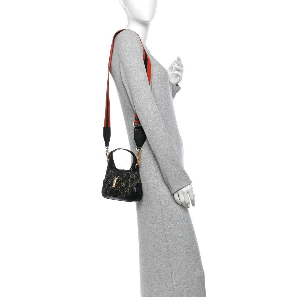 Jacquard Black Denim GG Monogram Textured Dollar Calfskin Mini Jackie 1961 Hobo Black Ivory