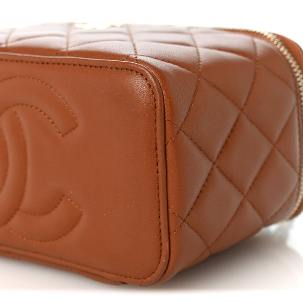 Lambskin Quilted Small Top Handle Vanity Case With Chain Light Brown Yellow