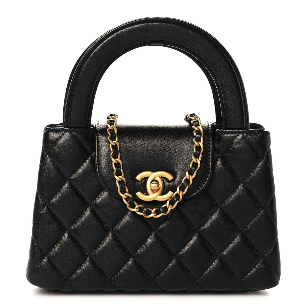 Shiny Aged Calfskin Quilted Nano Kelly Shopper Black
