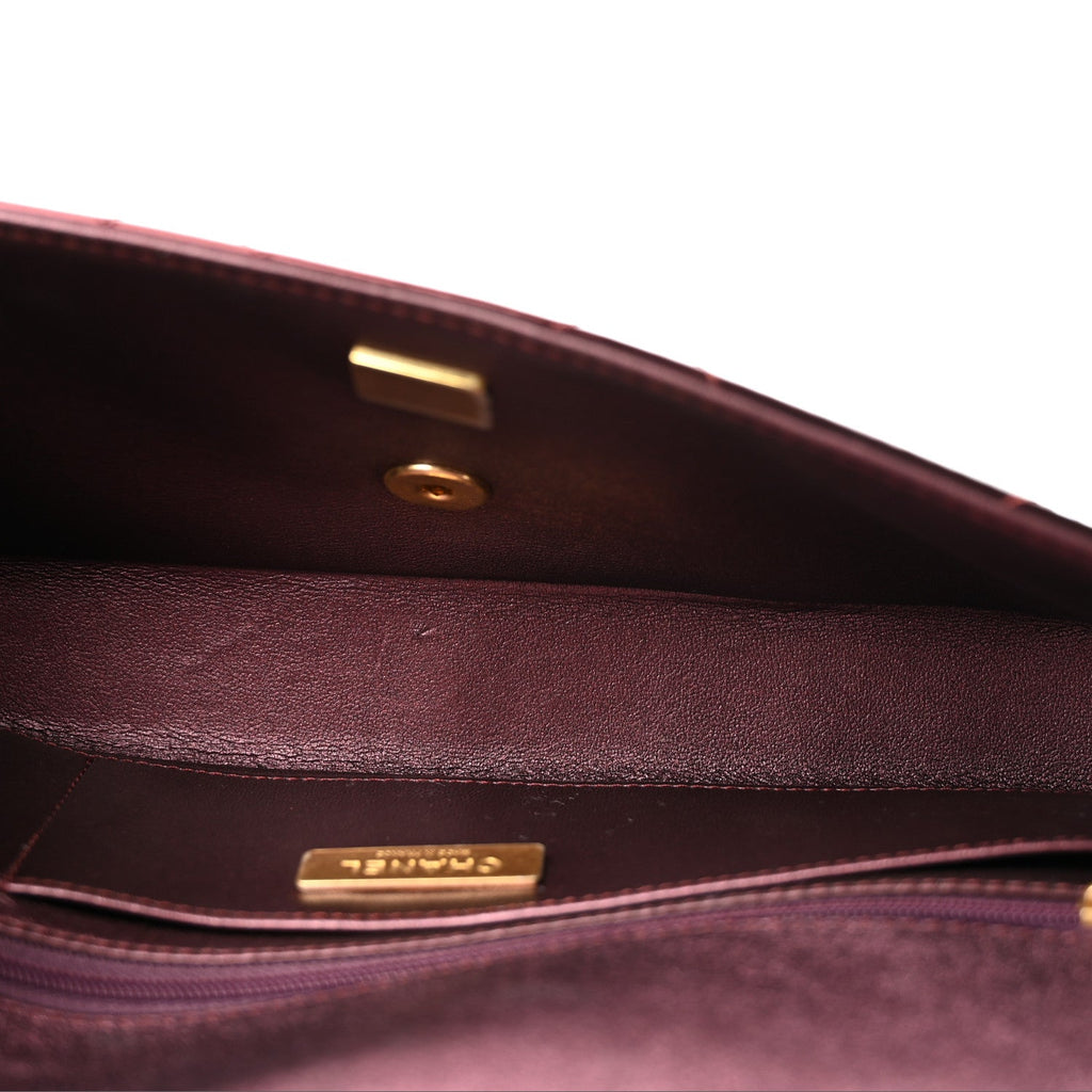 Metallic Mirror Calfskin Large Top Handle Clutch With Chain  Burgundy
