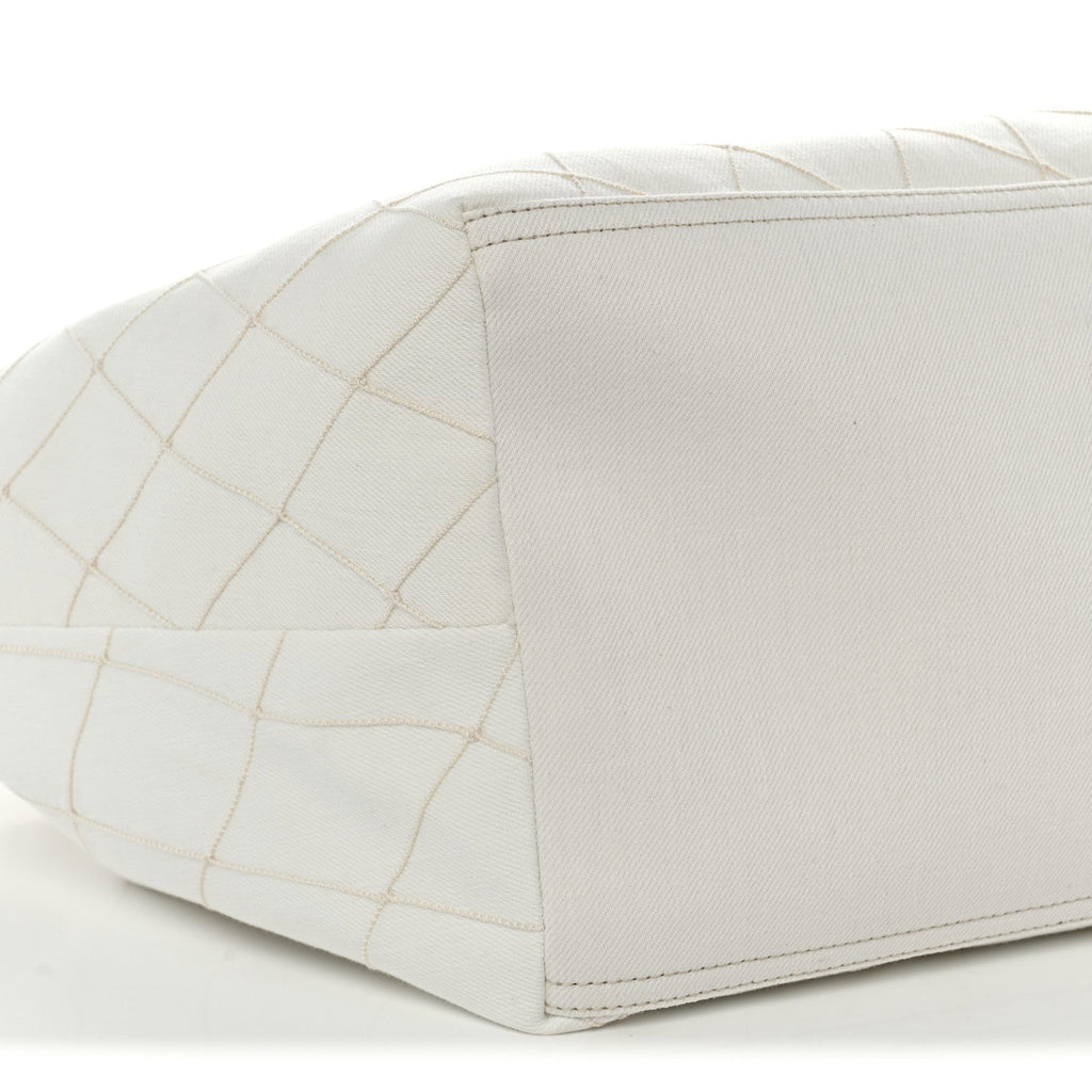 Denim Calfskin Quilted Coco Beach Small Shopping Tote White Black