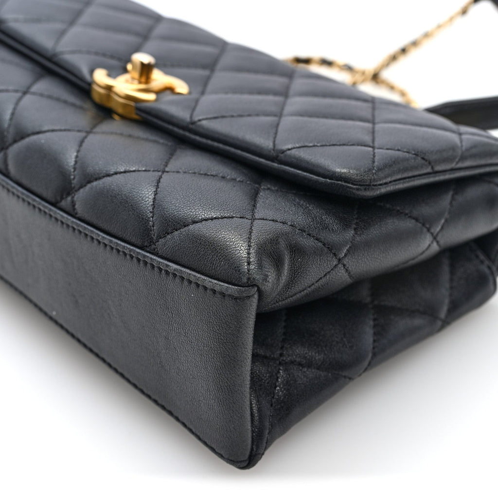 Lambskin Quilted Pearl Handle Flap Black