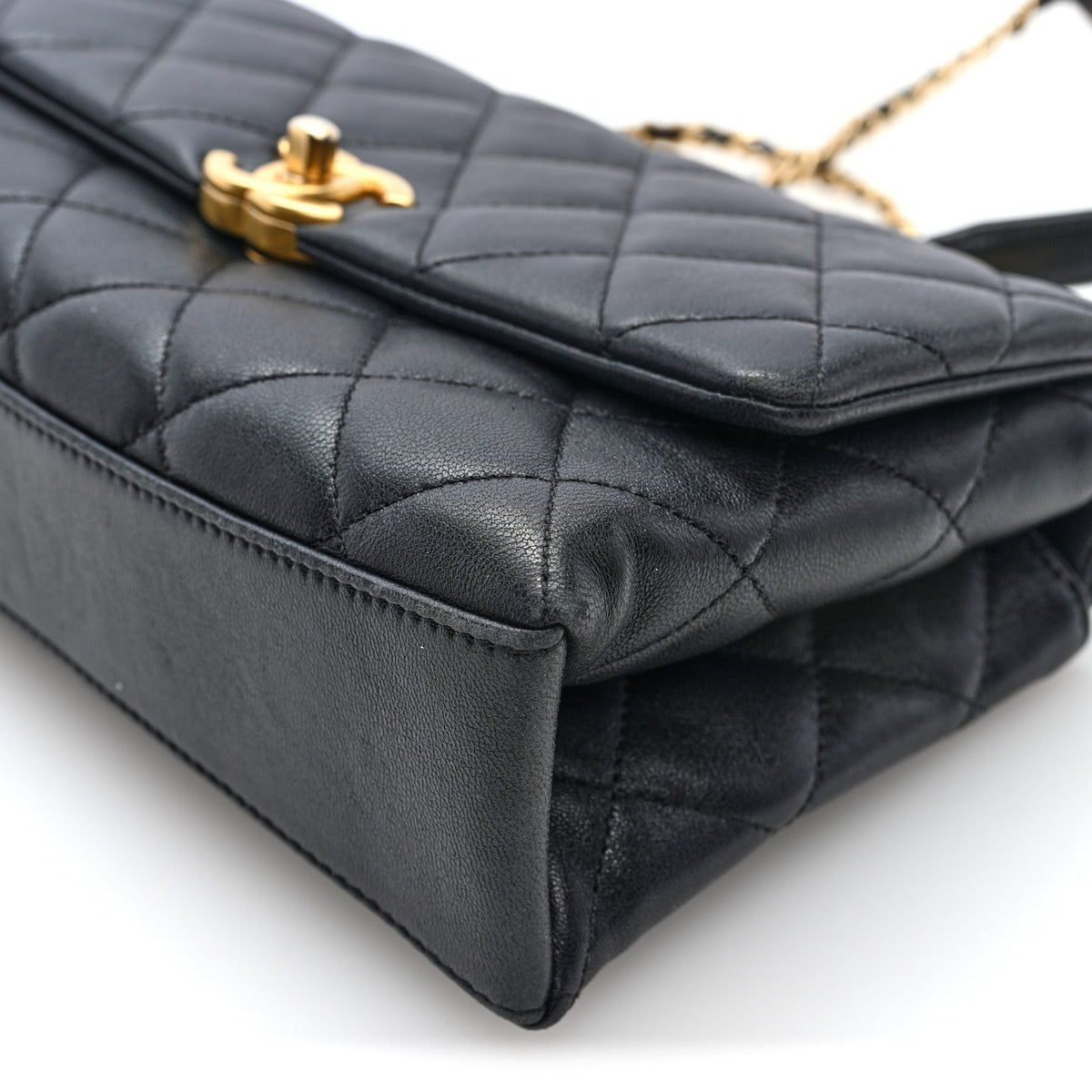 Lambskin Quilted Pearl Handle Flap Black