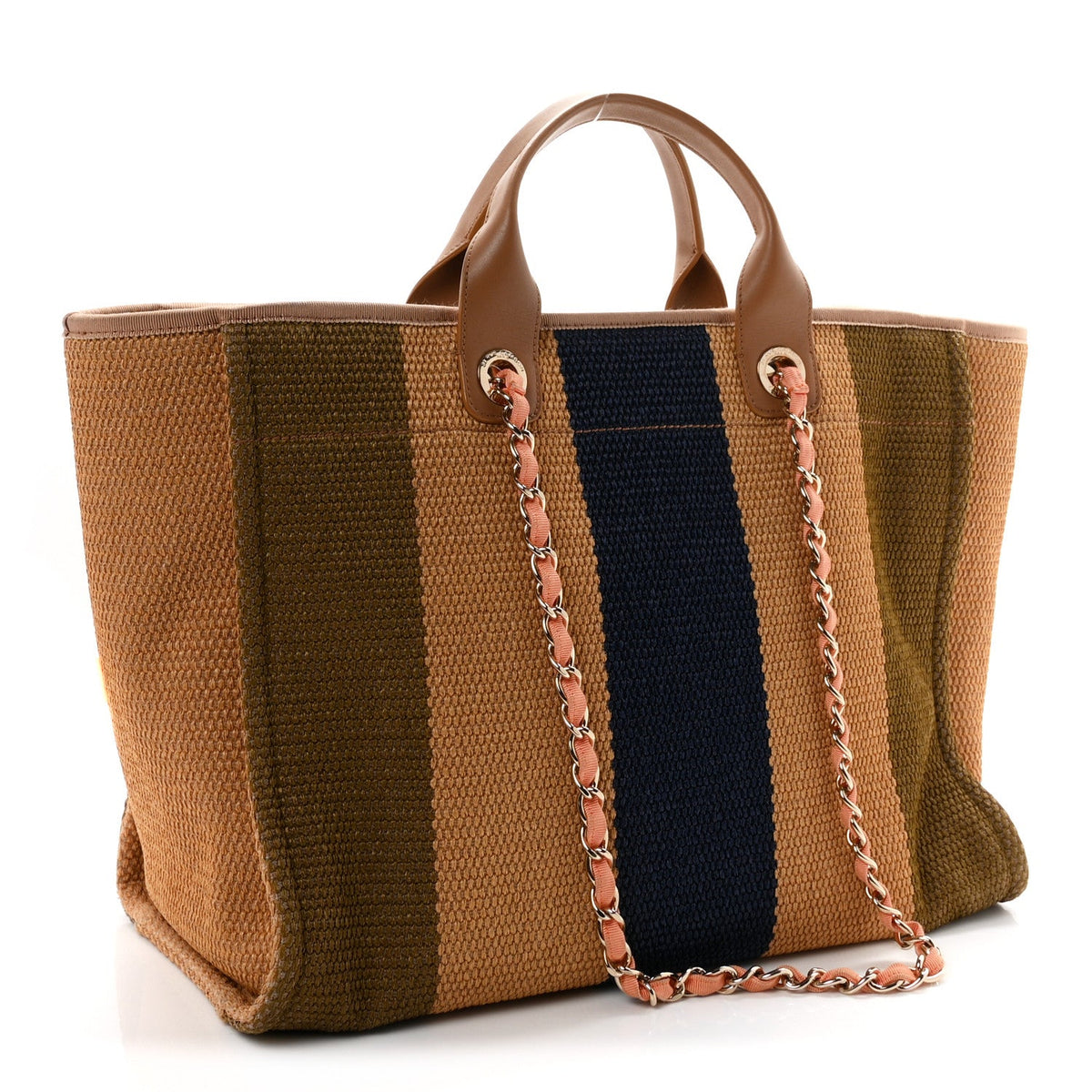 Straw Raffia Calfskin Striped Medium Deauville Tote Black Beige Ivory
