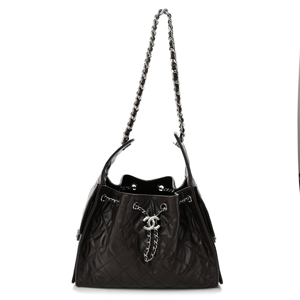 Shiny Crumpled Calfskin Quilted Small Chanel 25 Handbag Dark Brown