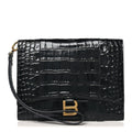 Shiny Calfskin Crocodile Embossed Hourglass Gusset Pouch Black