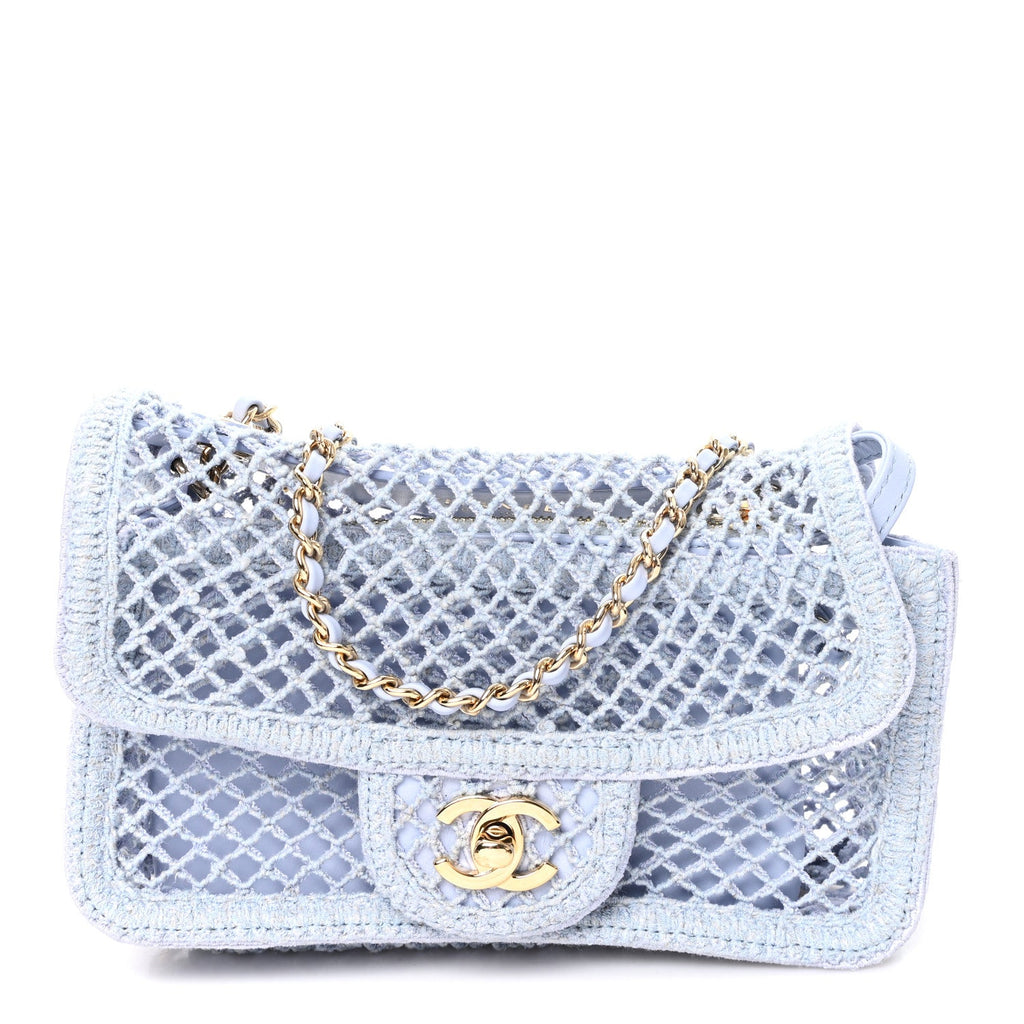 Mesh Macrame Small Flap Bag  Light Blue