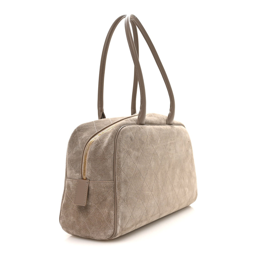 Suede Calfskin Large Perfect Bowling Bag Dark Beige