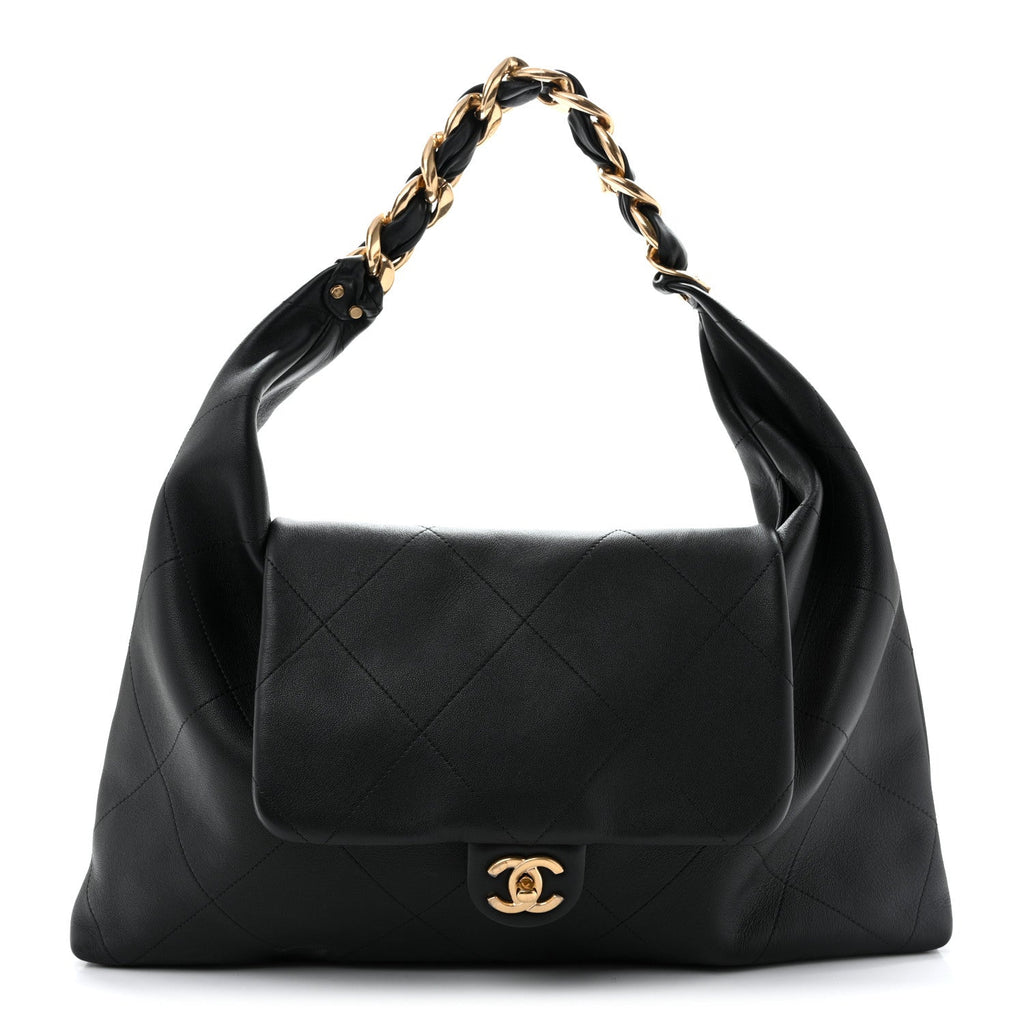 Shiny Calfskin Quilted Maxi Chain Hobo Black
